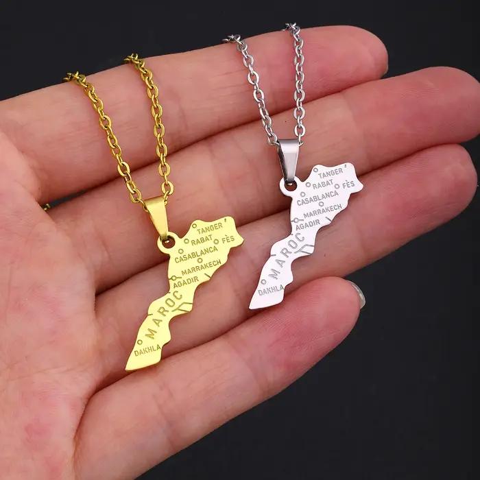 Afrique royaume du maroc carte ville pendentif collier or argent couleur hommes femmes