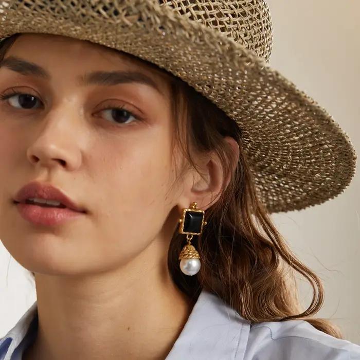 Boucles d'oreilles en perles de pierre noire pour femmes