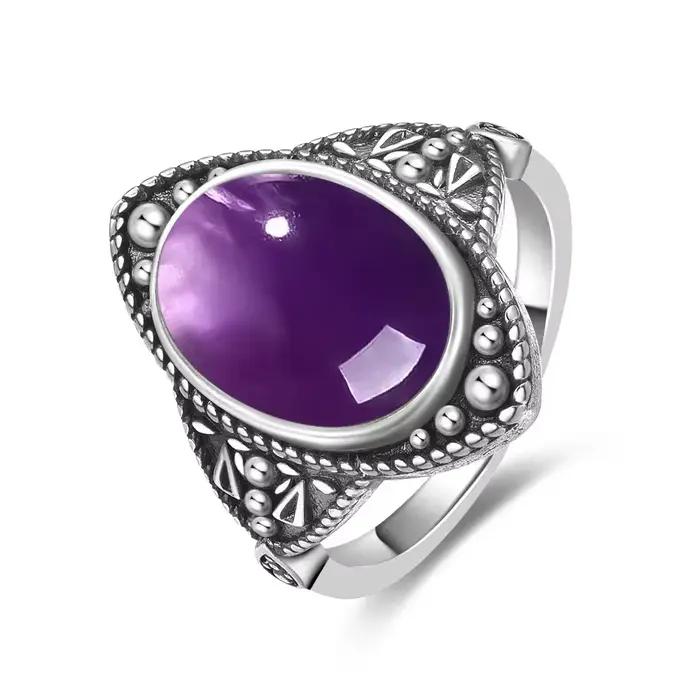 Bague Vintage en argent Sterling S925, ovale, ronde, améthyste naturelle, en forme de soleil et de fleur, bijoux fins rétro pour femmes et hommes
