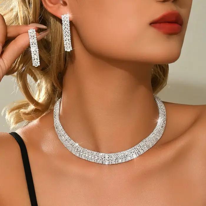 Ensemble de bijoux collier et boucles d'oreilles Super scintillants pour femmes, collier de mariage de mariée Simple et luxueux, élégant et élégant