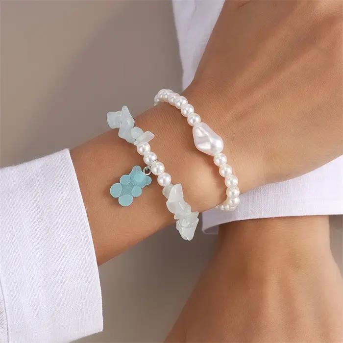 Lot de 2 bracelets bohèmes faits à la main avec perles d'imitation pour femmes