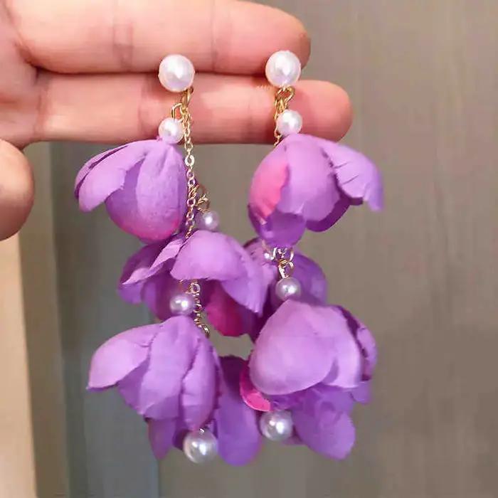 Boucles d'oreilles à clip longues en perles de fleurs violettes, ambiance vacances, style plage, fraîches et douces pour femmes, occasions spéciales et tous les jours