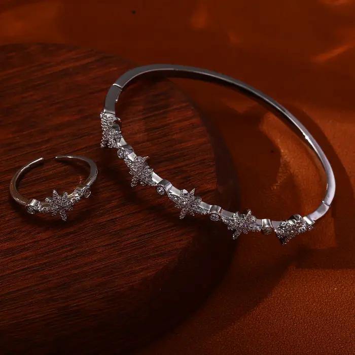 Ensemble de bagues et bracelets ajustables en zircon plaqué or pour femme, motif étoile, style minimaliste, élégant, bijoux de mode, cadeau pour elle, usage quotidien