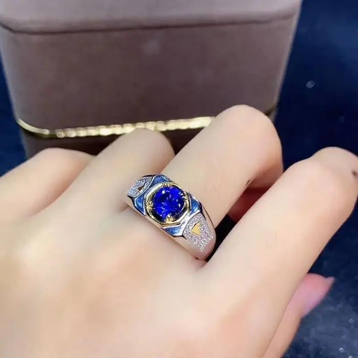 Bague en argent 925 sertie de saphir bleu royal pour hommes, pierre précieuse naturelle, excellente coupe, alliance de mariage, cadeau d'anniversaire, soirée, cérémonie, entretien facile, certifiée CMA