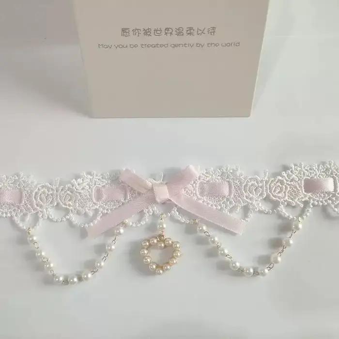 Collier en dentelle perlée Sweet Lolita Y2K avec ruban pour femme, breloque nœud papillon, ras-de-co