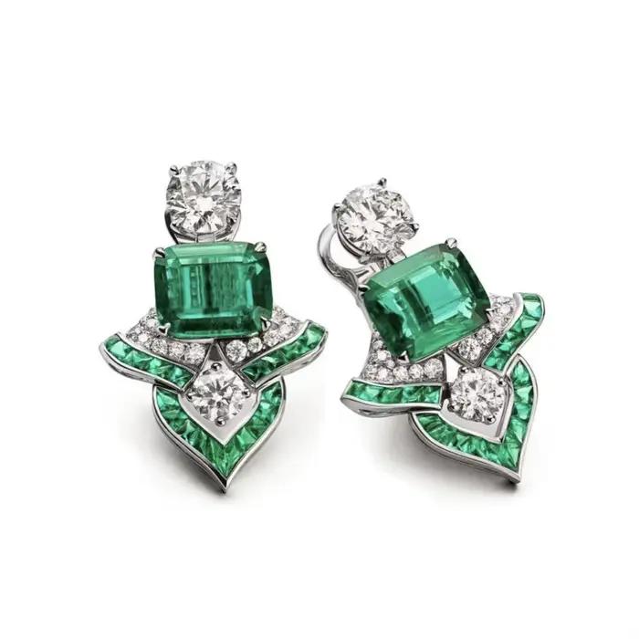 Boucles d'oreilles en argent sterling 925 serties d'émeraudes et pierre latérale naturelle pour femmes et hommes occasions spéciales partys soirées formelles
