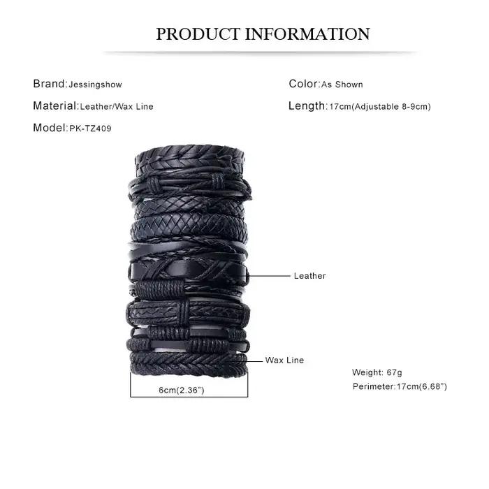 Ensemble de bracelets en cuir noir tressé à la main unisexe