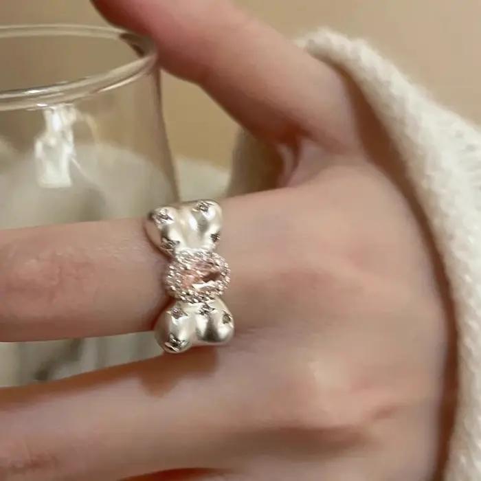 Bague nœud papillon rose zircon Y2K tendance Kpop pour femme