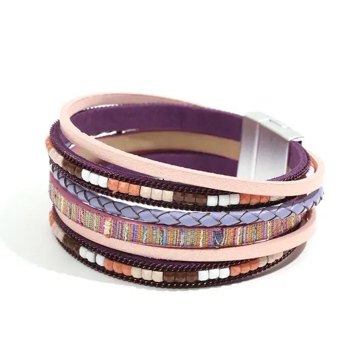 Femme multicouche en cuir enveloppé Bracelets cristaux perle manchette Bracelet Style ouest asiatiqu