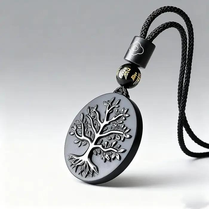 Collier Pendentif Arbre de Vie en Obsidienne Naturelle Vintage pour Femme Occasions Spéciales Bijou de Style Classique