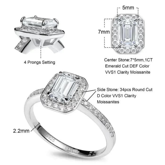 Bague de fiançailles LinkerLove en argent S925 avec moissanite taille émeraude 1 carat et halo de pierres latérales