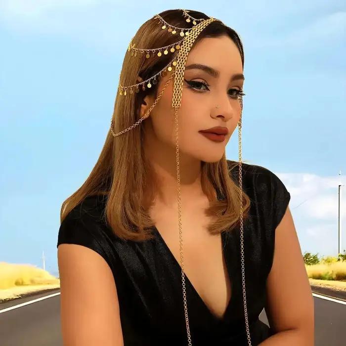 Chaîne de tête de mariée tendance style ethnique kurde, bijou égyptien doré avec pampilles à sequins