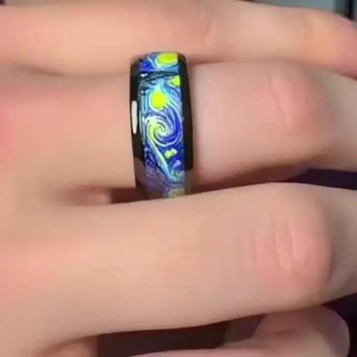 Bague noire à motif de nuit étoilée Unique pour hommes et femmes