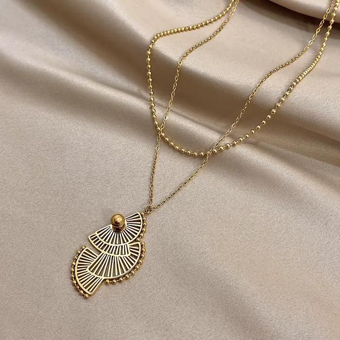 Pendentif Greatera en forme d'éventail triple couche collier de perles double chaîne acier inoxydable pour femmes élégantes occasions spéciales