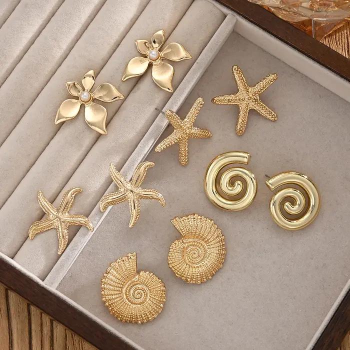 Ensemble de 5 paires de boucles d'oreilles étoile de mer en résine or pour femmes, style bohème, bijoux quotidiens et cadeaux pour toutes les occasions