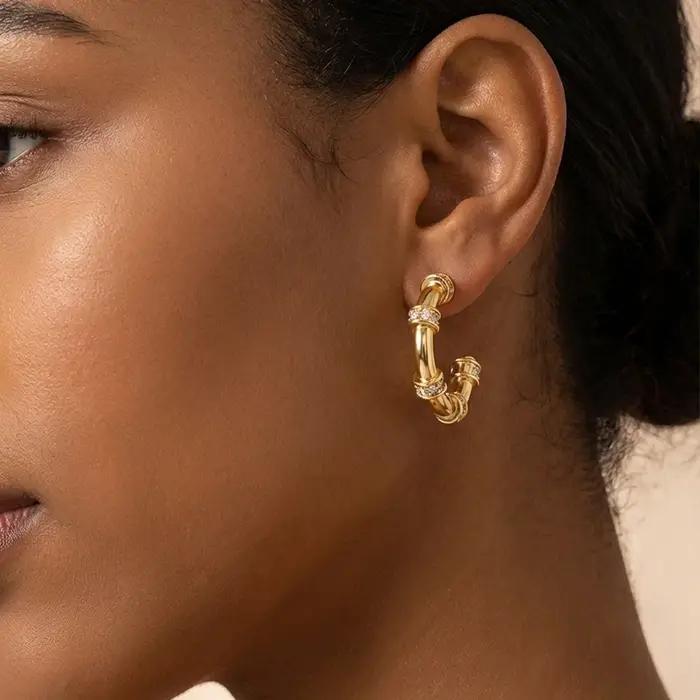 Boucles d'oreilles créoles en bambou plaqué or 18 carats pour femmes