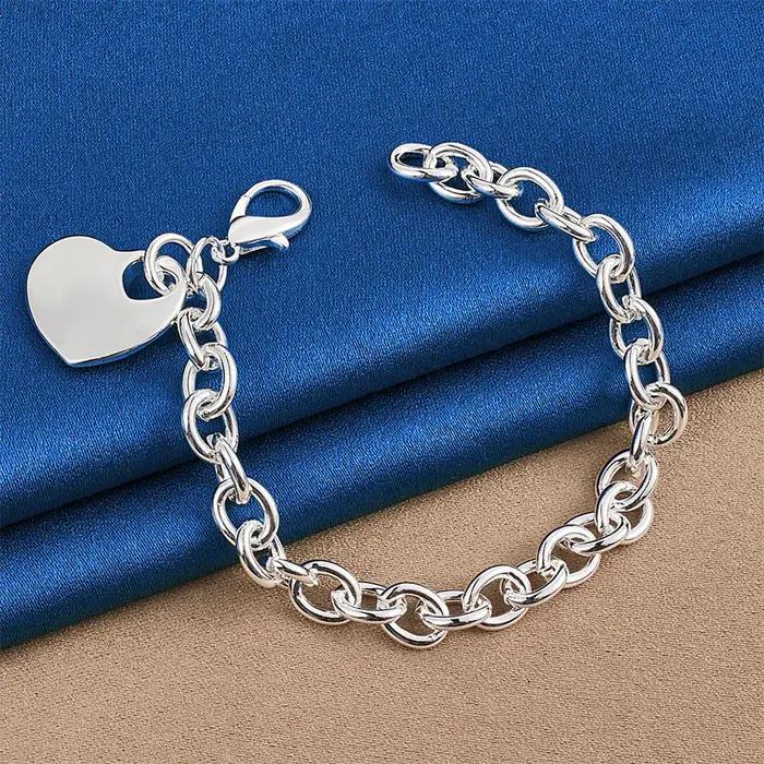 Bracelet en argent sterling 925 de 8 pouces en forme de cœur exquis
