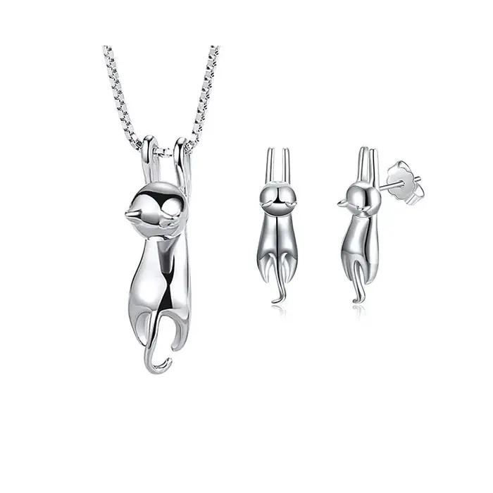 ANENJERY couleur argent élégant mignon chat ensemble de bijoux collier et boucles d'oreilles ensembl