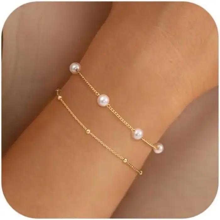 Bracelets de perles en or pour femmes, imperméable, plaqué or 14 carats, en acier inoxydable, perles
