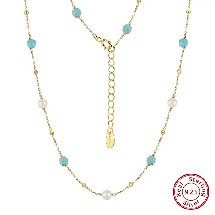 Collier en argent sterling 925 avec pierre turquoise et perles blanches pour femmes occasions spéciales bijoux bohémiens cadeaux elegance style moderne