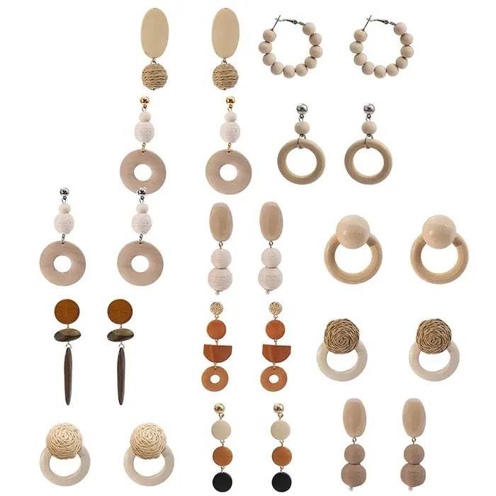 Boucles d'oreilles longues en perles de bois Vintage pour femmes