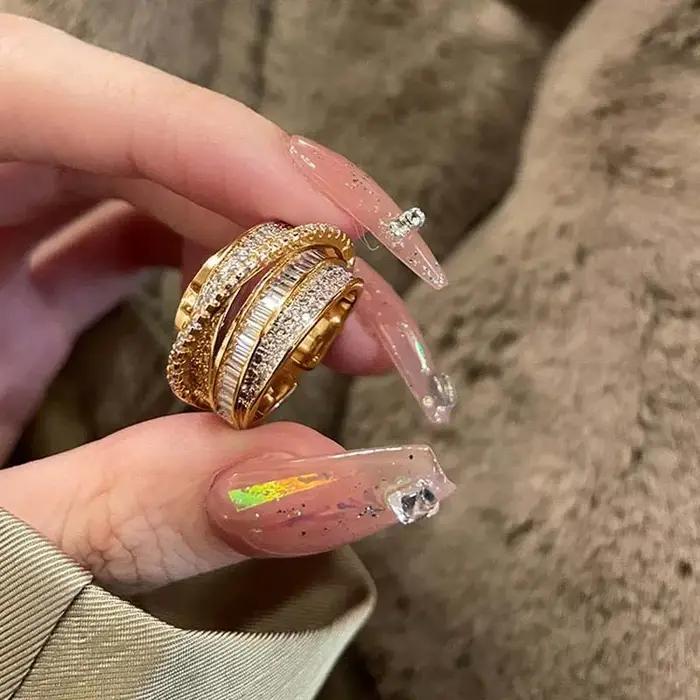 Bagues Coréennes Multicouches Élégantes en Zircon Brillant Pour Femmes Occasions Spéciales Partie Cérémonie De Mariage