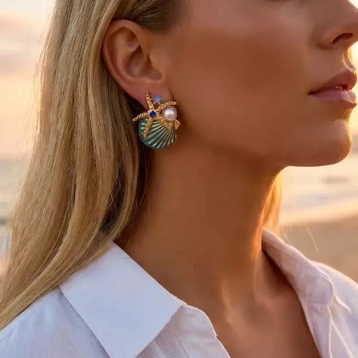 Boucles d'oreilles tendance en forme de coquillage et d'étoile de mer pour femmes