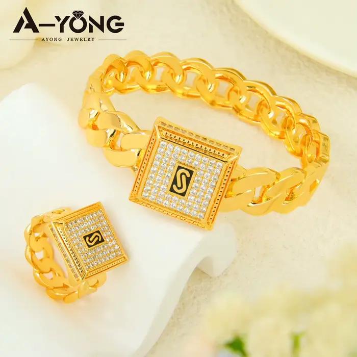 Parure de bijoux hip-hop italienne en zircone plaqué or 24 carats, style arabe punk, bracelets manchette et bague, pour femmes éthiopiennes, idéale pour événements et fêtes