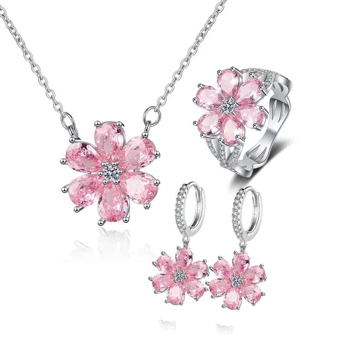 Ensemble de Bijoux en Argent Sterling 925 avec Fleurs Roses et Perles pour Occasions Spéciales Femme