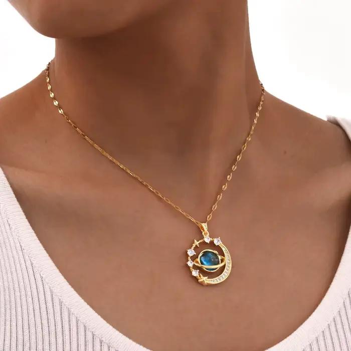 Collier planète en Zircon mental de luxe léger pour femmes, collier chaîne à lèvres en acier inoxydable, cadeau de bijoux étanche