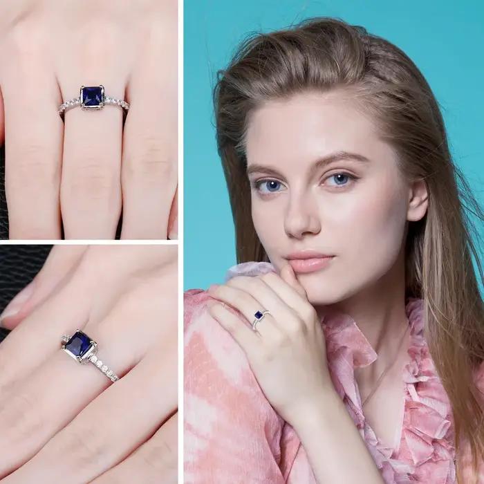 Bague carrée en argent Sterling 925 avec saphir bleu pour femmes