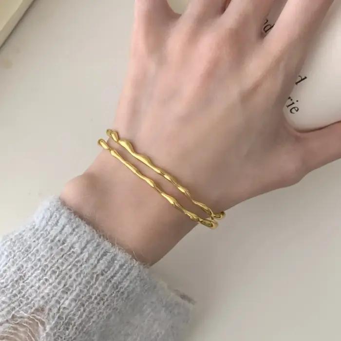 PANJBJ 925 argent irrégulier ligne dorée Bracelet pour femmes vague Double couche minimalisme Punk classique bijoux livraison directe