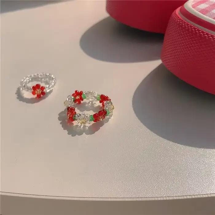 Nouvelle bague fleur tissée à la main, Sweet Little Qing, tendance ins, anneau élastique réglable perlé pour femmes