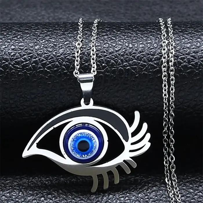 Collier avec pendentif mauvais œil bleu turc pour femmes et hommes, en acier inoxydable, couleur argent, yeux porte-bonheur, amulette, bijoux de Protection N8022S01