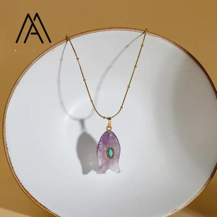 Collier en forme de poisson améthyste naturelle Malachite pendentif colliers bohème Mini