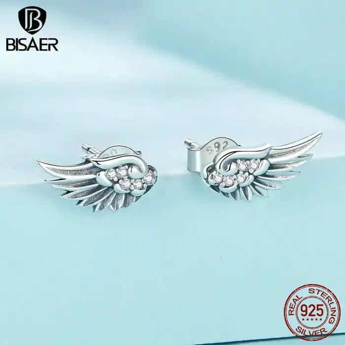 BISAER 925 en argent Sterling Vintage aile d'ange boucles d'oreilles scintillant Zircon boucle d'oreille pour les femmes Couples fête bijoux fins cadeau