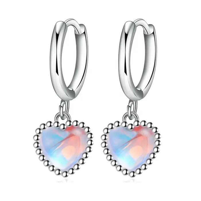 Boucles d'oreilles en argent sterling 925 avec pierre de lune blanche et cristal cœur pour femmes romantiques occasions engagement
