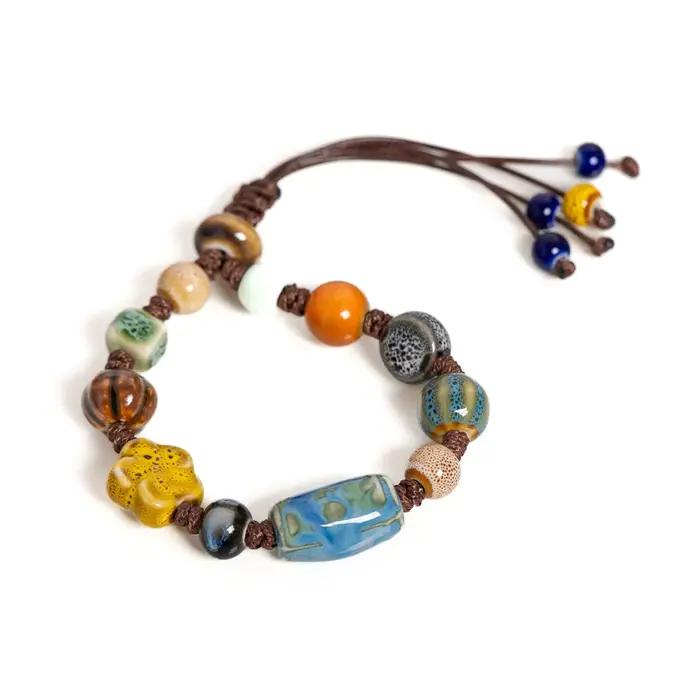 Bracelet de perles en céramique fait à la main réglable Boho tissé bijoux Vintage Style ethnique cadeau pour femmes accessoires mode et artisanat occasions spéciales
