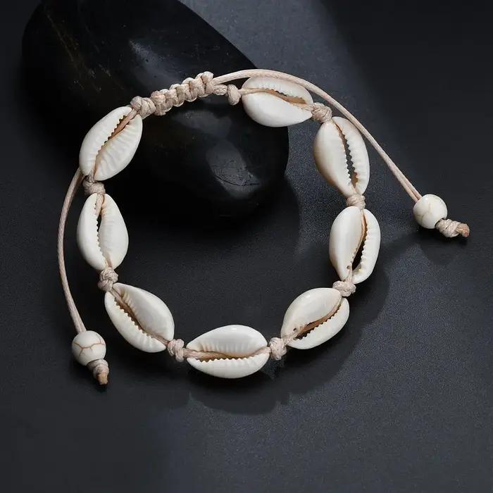 Bracelet de cheville en coquille de plage tressé à la main avec motif géométrique pour femmes, idéal pour les vacances et les occasions spéciales