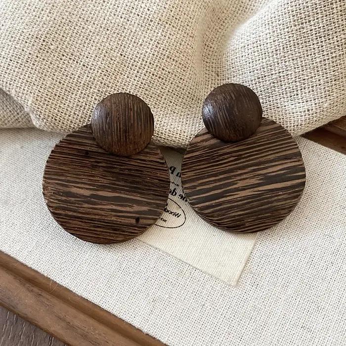 Boucles d'oreilles rondes géométriques bohème Vintage en bois pour femmes, faites à la main, cercle