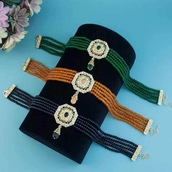 Collier ras du cou en perles marocaines pour femmes, bijoux de mariage de mariée arabe, pendentif en cristal de couleur or