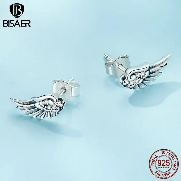 BISAER 925 en argent Sterling Vintage aile d'ange boucles d'oreilles scintillant Zircon boucle d'oreille pour les femmes Couples fête bijoux fins cadeau