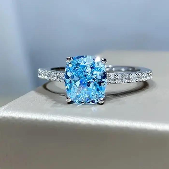Bagues en argent Sterling 925 avec Zircon carré bleu pour femmes, bijoux fins de luxe pour fiançaill
