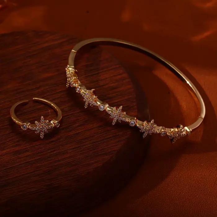 Ensemble de bagues et bracelets ajustables en zircon plaqué or pour femme, motif étoile, style minim
