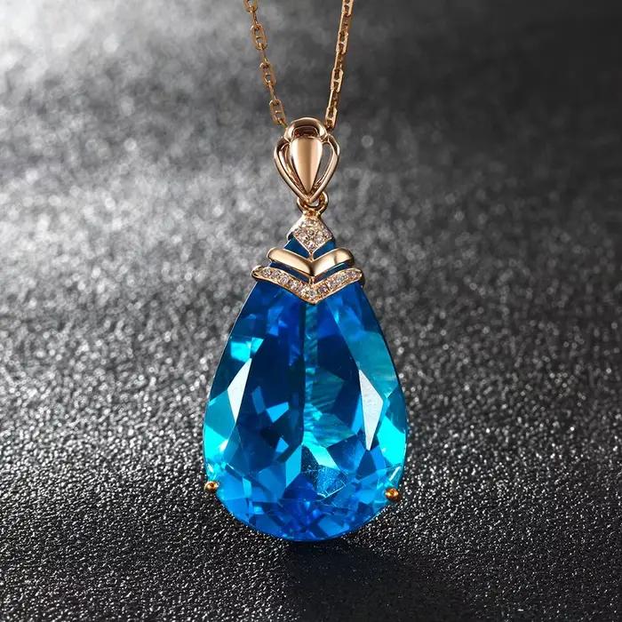 Collier en or rose 14K pendentif saphir bleu pour femme topaze goutte calcédoine