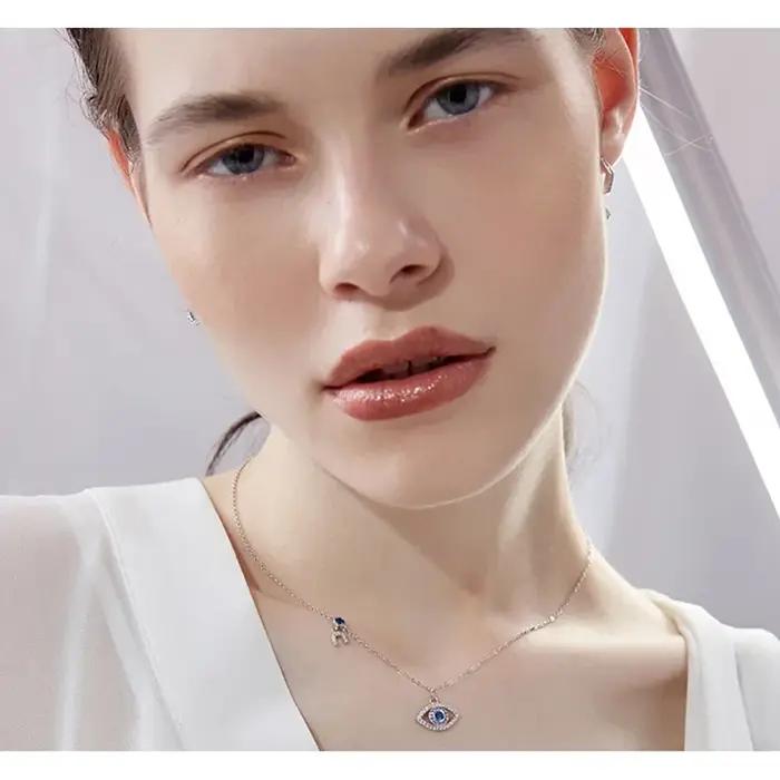 Collier Mauvais Œil en Argent Sterling 925 avec Zircone Bleue Pendentif Protection Femmes Occasions Spéciales