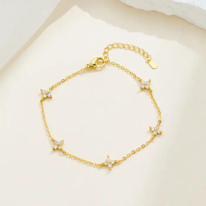 Bracelet à quatre trèfles en Zircon pour femmes, japonais et coréen, à la mode, strass, fleur, décon