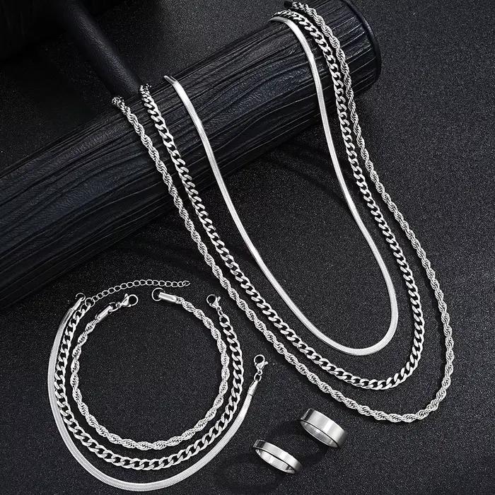 Ensemble de bijoux simples en acier inoxydable pour hommes, couleur argent, unisexe, Punk, Vintage,