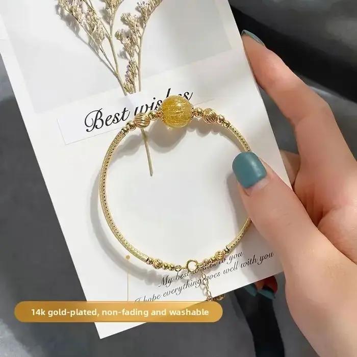 Cristal blond naturel cheveux denses perles porte-bonheur rondes simples plaqué or 14K Bracelet enroulé en or Citrine Collection bijoux pour femmes