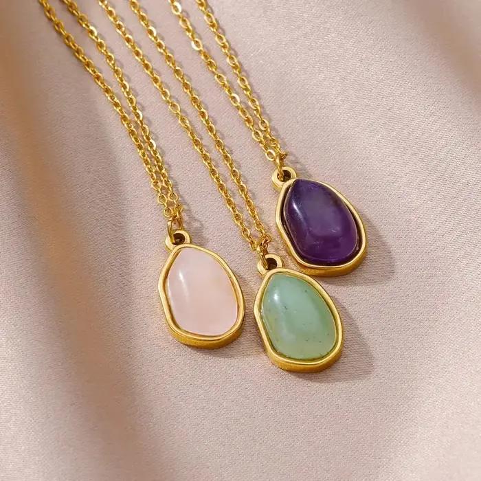 Collier ovale en pierre colorée en acier inoxydable or style classique tracker d'humeur pour femmes occasions spéciales anniversaire